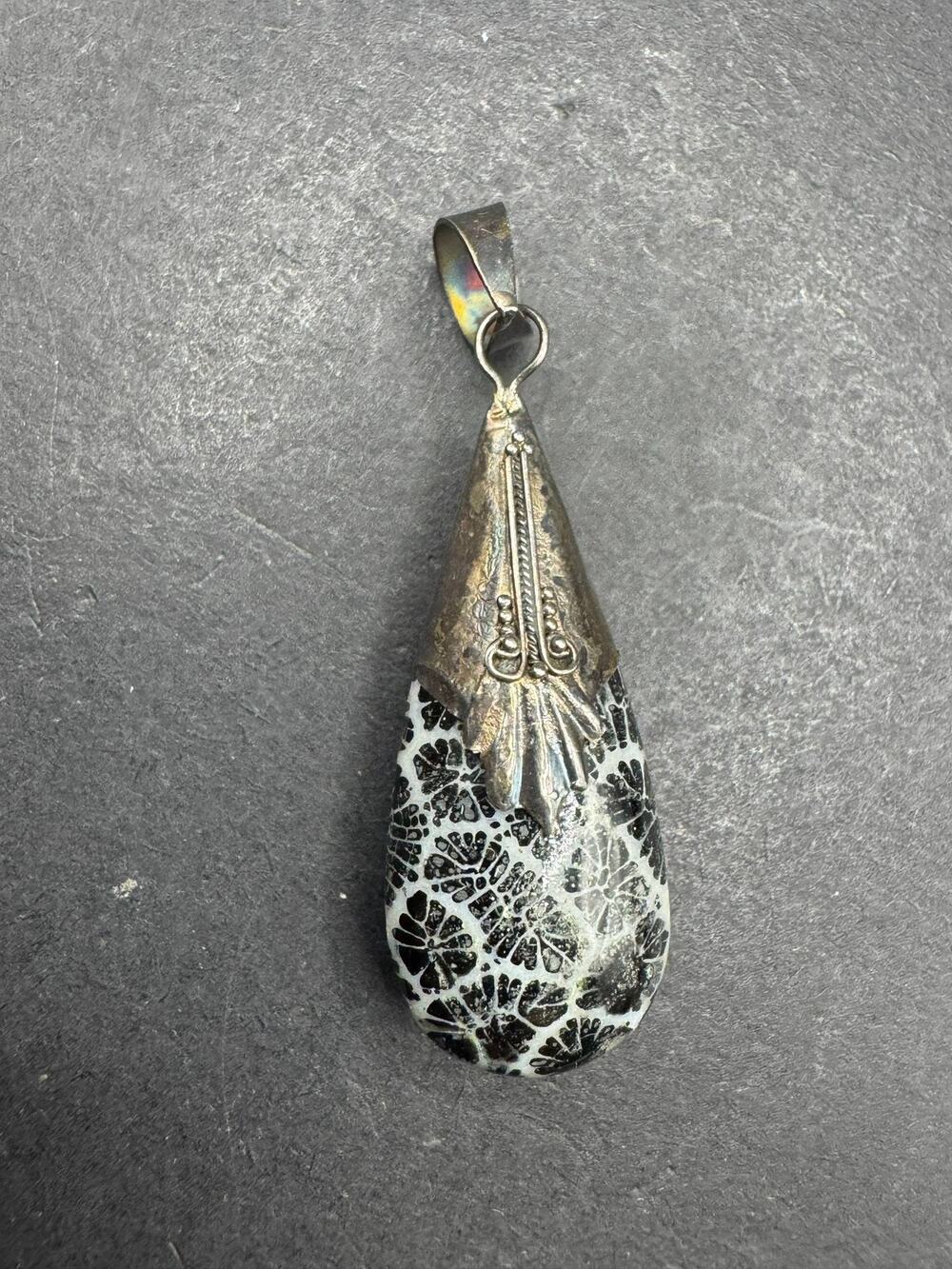 Teardrop Fossil Coral Pendant Silver Tone Stone Jewelry Statement Necklace